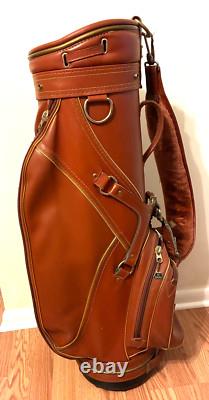 Daiwa Cart Golf Bag Brown Leather Fur Shoulder Strap Fur Top Dividers Vintage