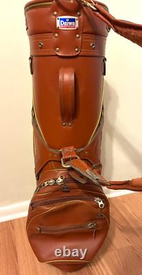 Daiwa Cart Golf Bag Brown Leather Fur Shoulder Strap Fur Top Dividers Vintage