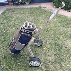 Datrek Lite Rider Golf Cart Bag 5 Way Divider Blue Tan With Pull Cart Rain Hood