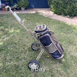 Datrek Lite Rider Golf Cart Bag 5 Way Divider Blue Tan With Pull Cart Rain Hood