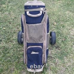 Datrek Lite Rider Golf Cart Bag 5 Way Divider Blue Tan With Pull Cart Rain Hood