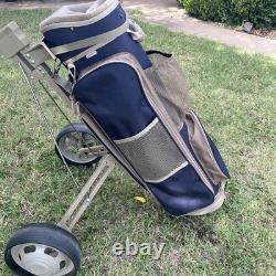 Datrek Lite Rider Golf Cart Bag 5 Way Divider Blue Tan With Pull Cart Rain Hood