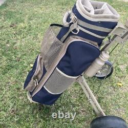 Datrek Lite Rider Golf Cart Bag 5 Way Divider Blue Tan With Pull Cart Rain Hood