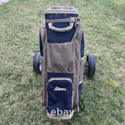 Datrek Lite Rider Golf Cart Bag 5 Way Divider Blue Tan With Pull Cart Rain Hood