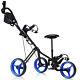 Foldable 3 Wheel Push Pull Golf Club Cart Trolley Withseat Scoreboard Bag Blue