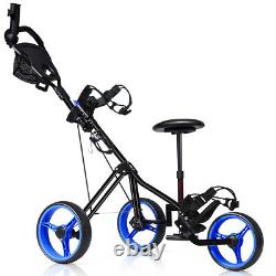 Foldable 3 Wheel Push Pull Golf Club Cart Trolley withSeat Scoreboard Bag Blue