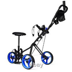 Foldable 3 Wheel Push Pull Golf Club Cart Trolley withSeat Scoreboard Bag Blue