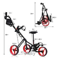 Foldable 3 Wheel Push Pull Golf Club Cart Trolley withSeat Scoreboard Bag Red