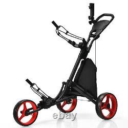 Goplus Folding 3 Wheels Golf Push Cart WithBag Scoreboard Adjustable Handle Red