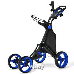 Goplus Folding 4 Wheels Golf Push Cart WithBag Scoreboard Adjustable Handle Blue