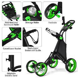 Goplus Folding 4 Wheels Golf Push Cart WithBag Scoreboard Adjustable Handle Green