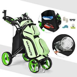 Goplus Folding 4 Wheels Golf Push Cart WithBag Scoreboard Adjustable Handle Green