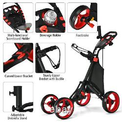 Goplus Folding 4 Wheels Golf Push Cart WithBag Scoreboard Adjustable Handle Red