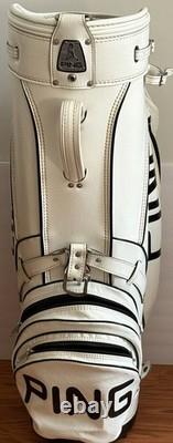 PING 4 Way Divider Golf Cart Bag Vinyl White/Black Leather Shoulder Strap &Cover