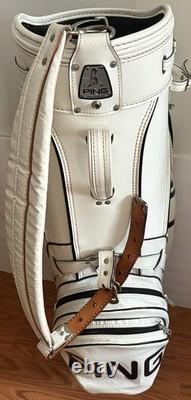 PING 4 Way Divider Golf Cart Bag Vinyl White/Black Leather Shoulder Strap &Cover