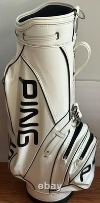 PING 4 Way Divider Golf Cart Bag Vinyl White/Black Leather Shoulder Strap &Cover