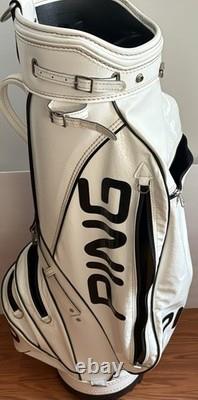 PING 4 Way Divider Golf Cart Bag Vinyl White/Black Leather Shoulder Strap &Cover