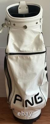 PING 4 Way Divider Golf Cart Bag Vinyl White/Black Leather Shoulder Strap &Cover