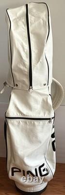 PING 4 Way Divider Golf Cart Bag Vinyl White/Black Leather Shoulder Strap &Cover