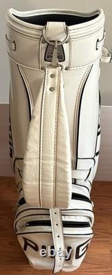 PING 4 Way Divider Golf Cart Bag Vinyl White/Black Leather Shoulder Strap &Cover