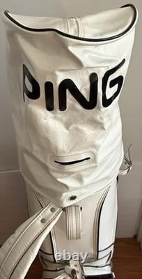PING 4 Way Divider Golf Cart Bag Vinyl White/Black Leather Shoulder Strap &Cover
