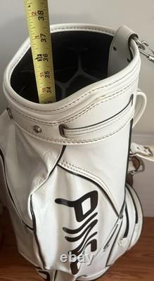 PING 4 Way Divider Golf Cart Bag Vinyl White/Black Leather Shoulder Strap &Cover