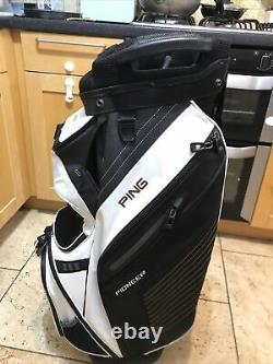 PING Pioneer Golf Cart Bag, Black/White, 15-Way, Strap, A1 condition, hood, 9/10