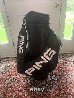 Ping Staff Golf Cart Bag 6-Way Leather / Faux Leather 3 pt Strap Rain Cover EUC