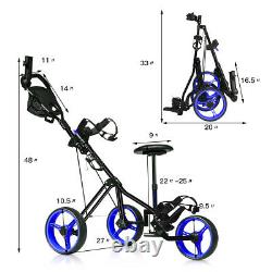 Portable 3 Wheel Push Pull Golf Club Cart Trolley withSeat Scoreboard Bag Blue