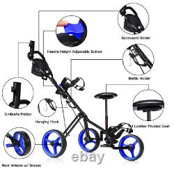 Portable 3 Wheel Push Pull Golf Club Cart Trolley withSeat Scoreboard Bag Blue
