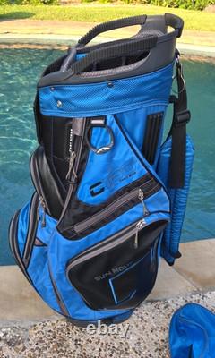 Sun Mountain C-130 Golf Cart Bag 14 Way Divider with Strap Black Blue + Rain Cover