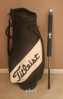 Titleist Golf Cart Bag 3 Way 2 Pocket Leather Grain Black White Vintage