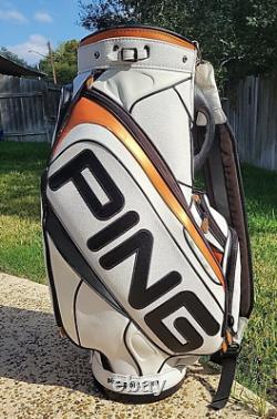VTG PING Leather Golf Staff Cart Bag Black Bronze White 6-Way Divider With Cover