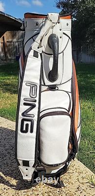 VTG PING Leather Golf Staff Cart Bag Black Bronze White 6-Way Divider With Cover
