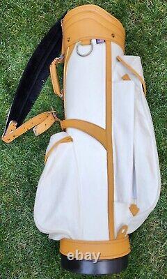 Vintage Burton Leather Golf Bag Canvas 6-way cart Bag Tan & White Strap Pockets