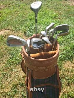 Vintage Daiwa Coach Collection Golf Bag 6-way Divider plaid Leather With Clubs