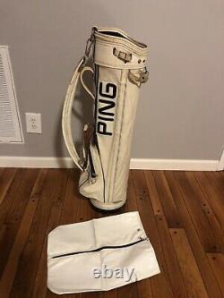 Vintage PING GOLF White & Black Leather Cart Carry 2-Way Bag with Cover Made USA