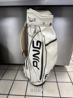 Vintage Ping Golf Cart Bag Vinyl White Black Leather Strap 6 Way Divider 90s USA