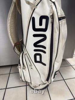Vintage Ping Golf Cart Bag Vinyl White Black Leather Strap 6 Way Divider 90s USA