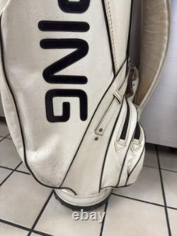 Vintage Ping Golf Cart Bag Vinyl White Black Leather Strap 6 Way Divider 90s USA