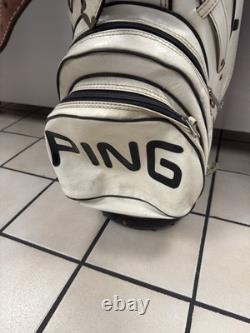 Vintage Ping Golf Cart Bag Vinyl White Black Leather Strap 6 Way Divider 90s USA